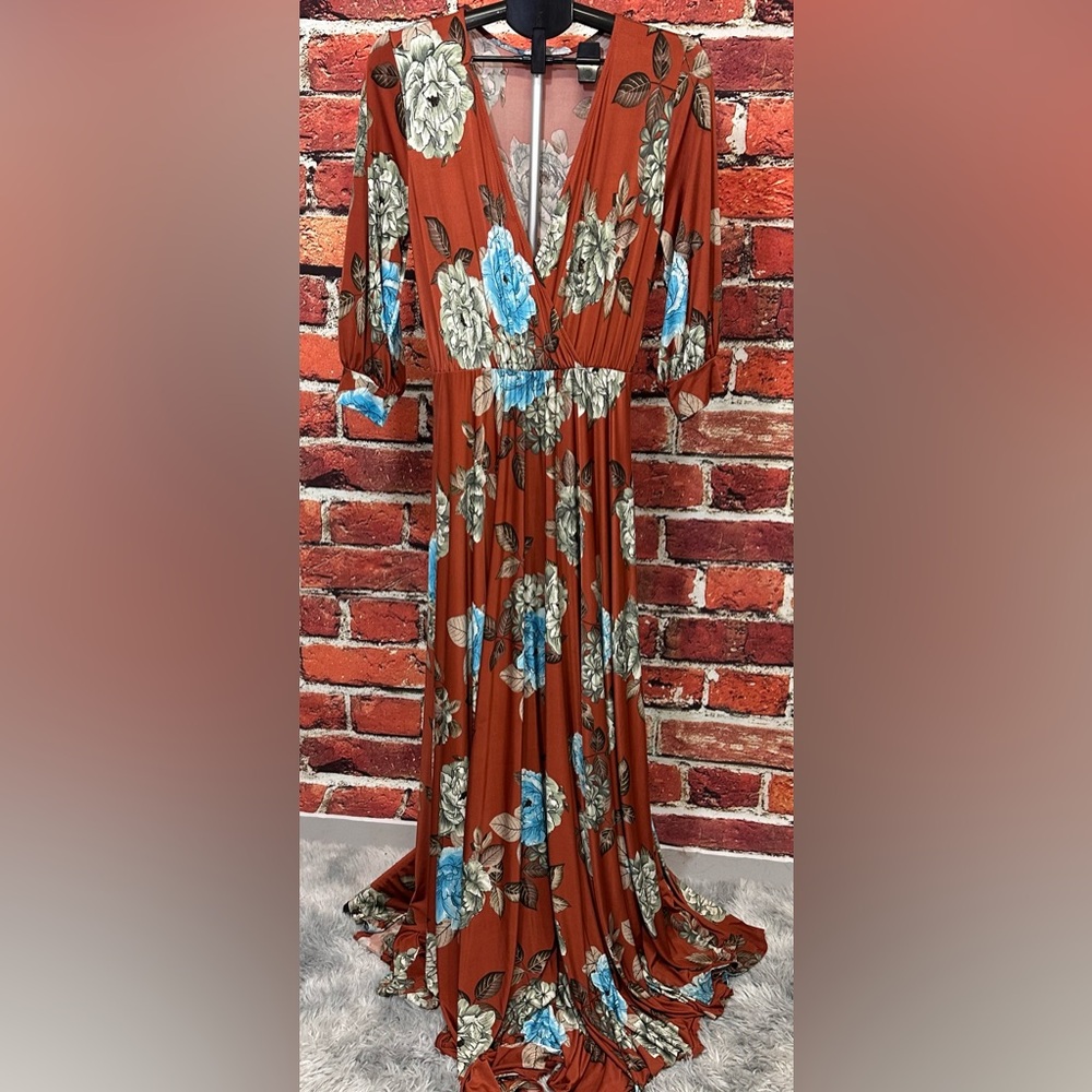BURU DRESS WOMENS SIZE L TALL LONG BROWN BLUE FLORAL BOHEMIAN CHIC SOFT MAXI - Picture 3 of 14